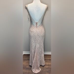 La Femme Blush Backless Lace Gown